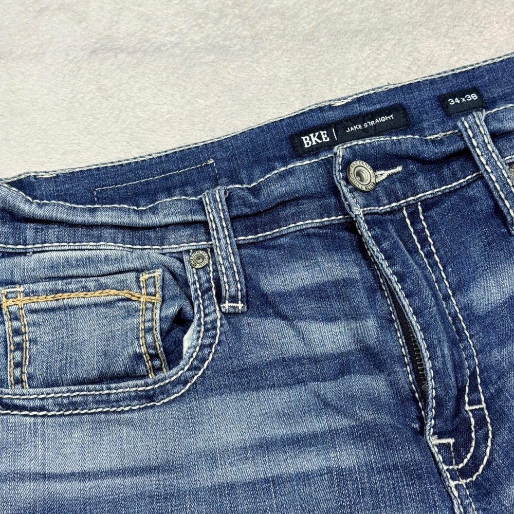 BKE Jake Straight Jeans Mens 34x38 Blue Denim Stretch Contrast Stitch ABS16238